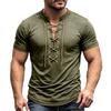 Men's Short Sleeve Shirt Vintage V-Neck Lace-Up Casual Color Summer Top
