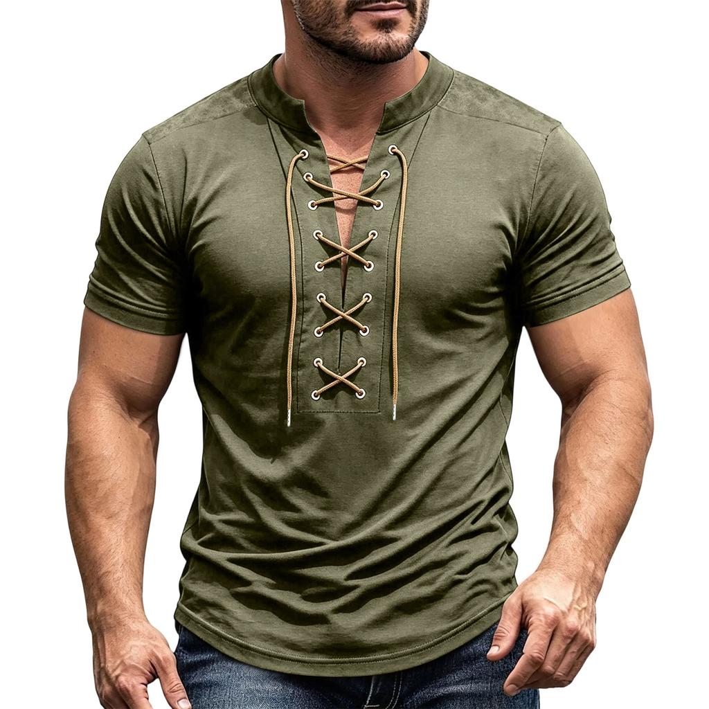 Men's Short Sleeve Shirt Vintage V-Neck Lace-Up Casual Color Summer Top