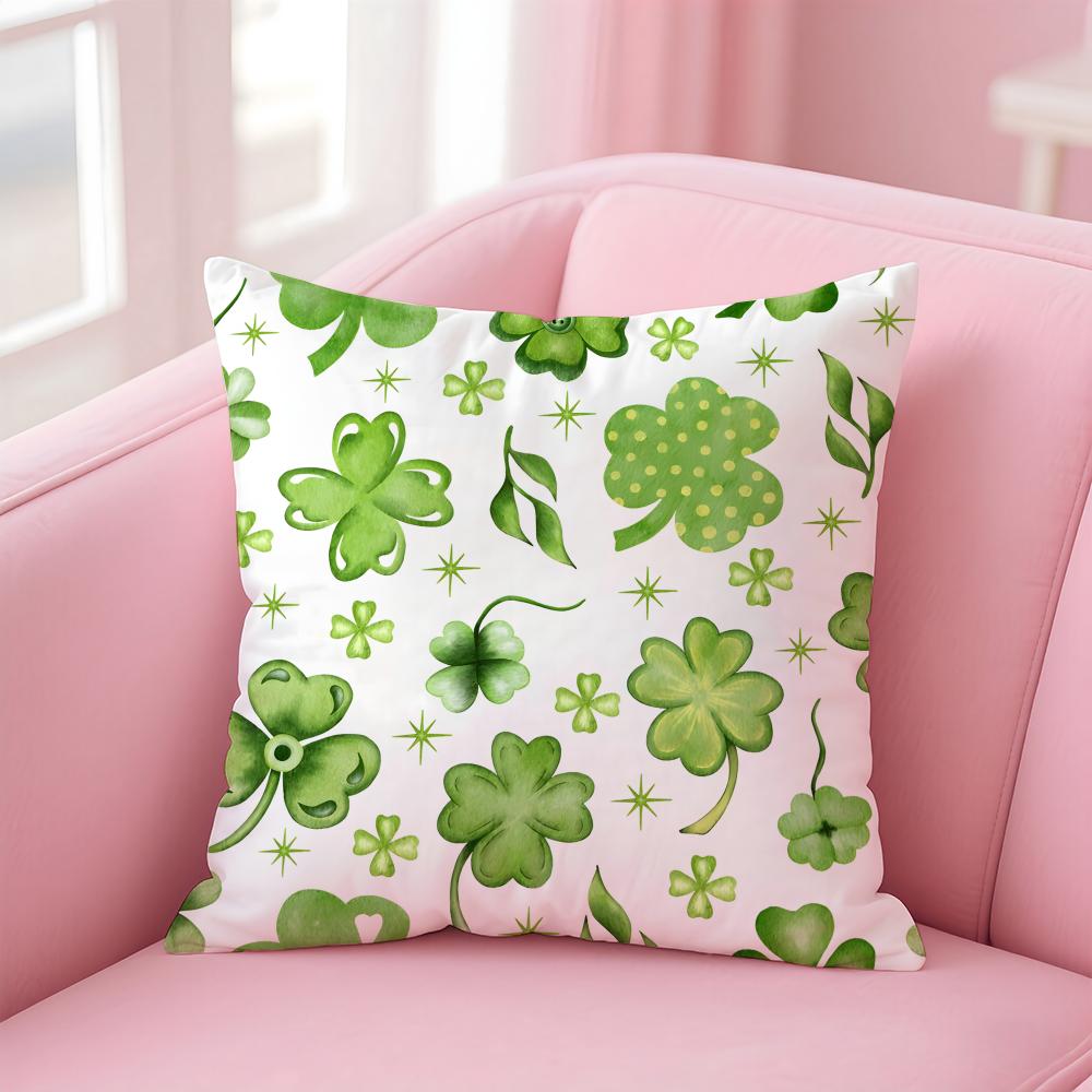 Lucky Four Leaf Clover Fresh Green Cushion Cover Pillowcase Short Plush Invisible zipper Room Sofa Cushion Cover