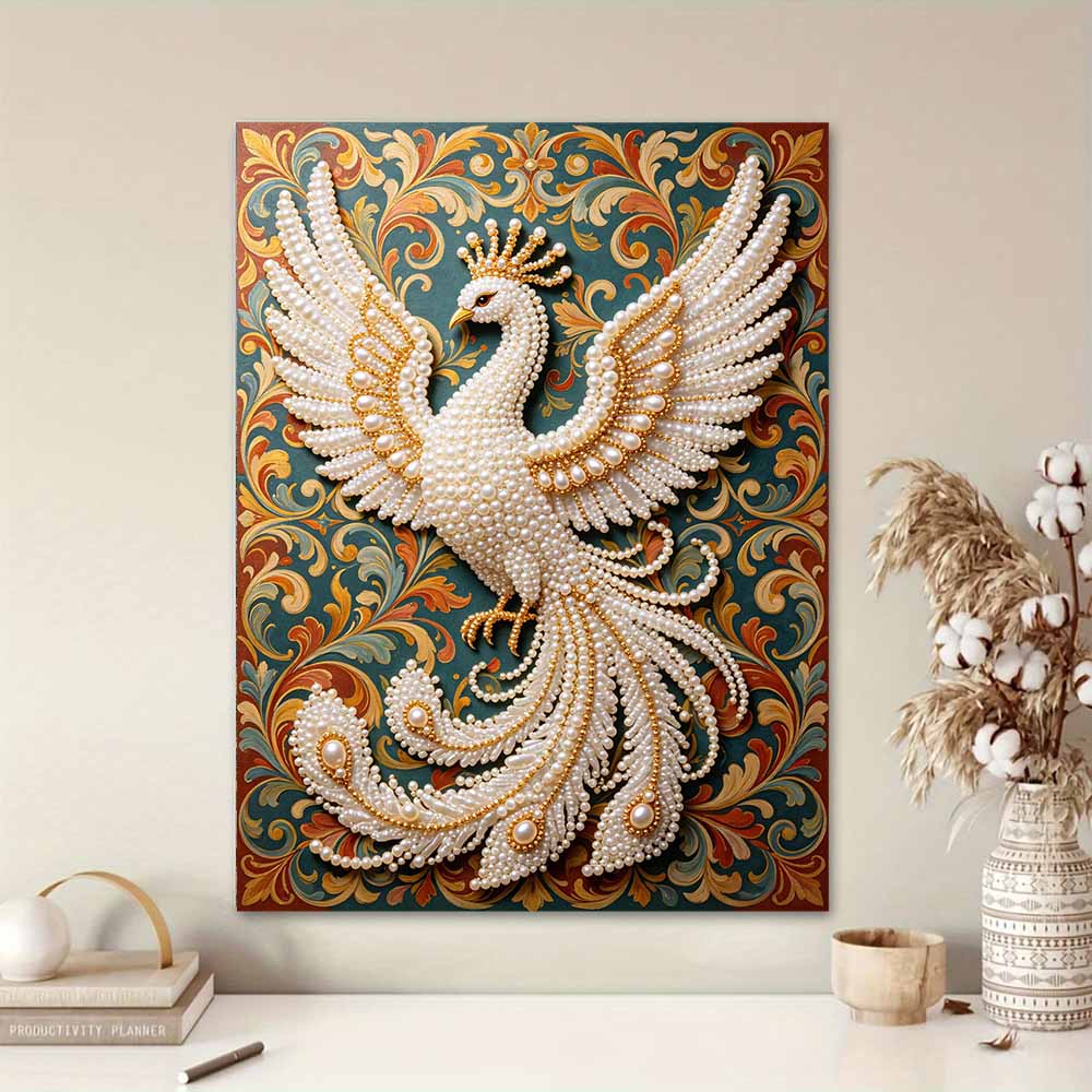 DIY Pearl Gem White Peacock Painting Shining Bead Craft Art Home Wall Ornament Simple Unframed Room Decoration Art Elegant Luxury Decor Gift