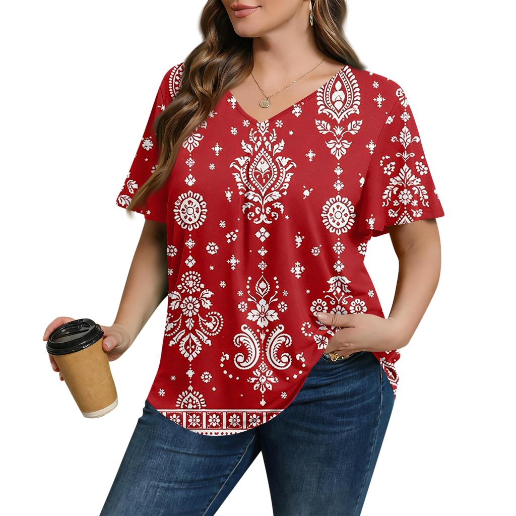 Women's Plus Size Fashionable Casual Loose-Fit Short Sleeve Elegant V Neck Blouse For Work