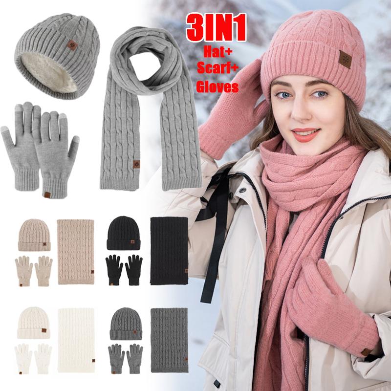 Womens Ladies Thick Knit Hat Scarf AND Touchscreen Gloves Set Knitted Winter