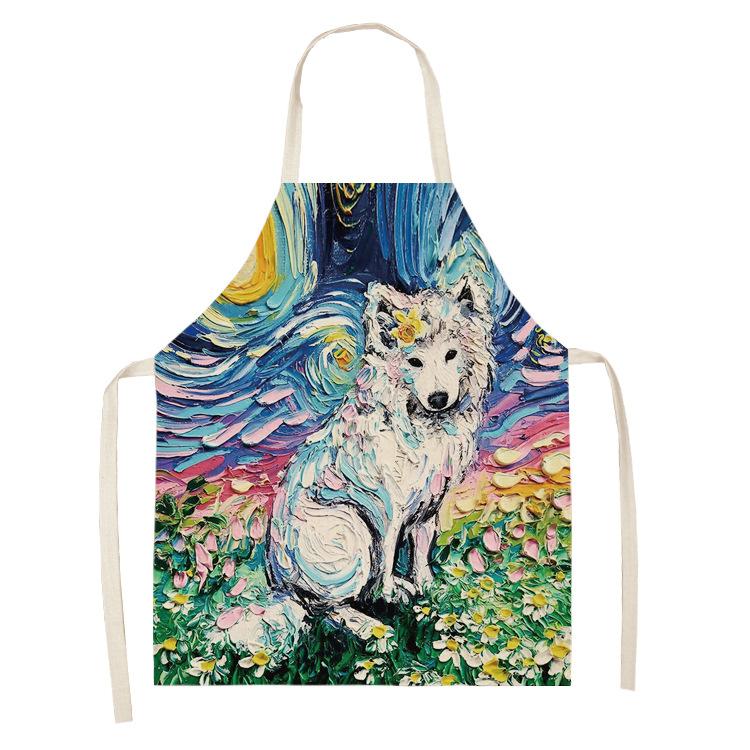 Schürze im Ölgemälde-Stil, Sternenhimmel-Hintergrund, Hund, Leinen, Baumwolle, kreative Eltern-Kind-Schürze, Familienküche