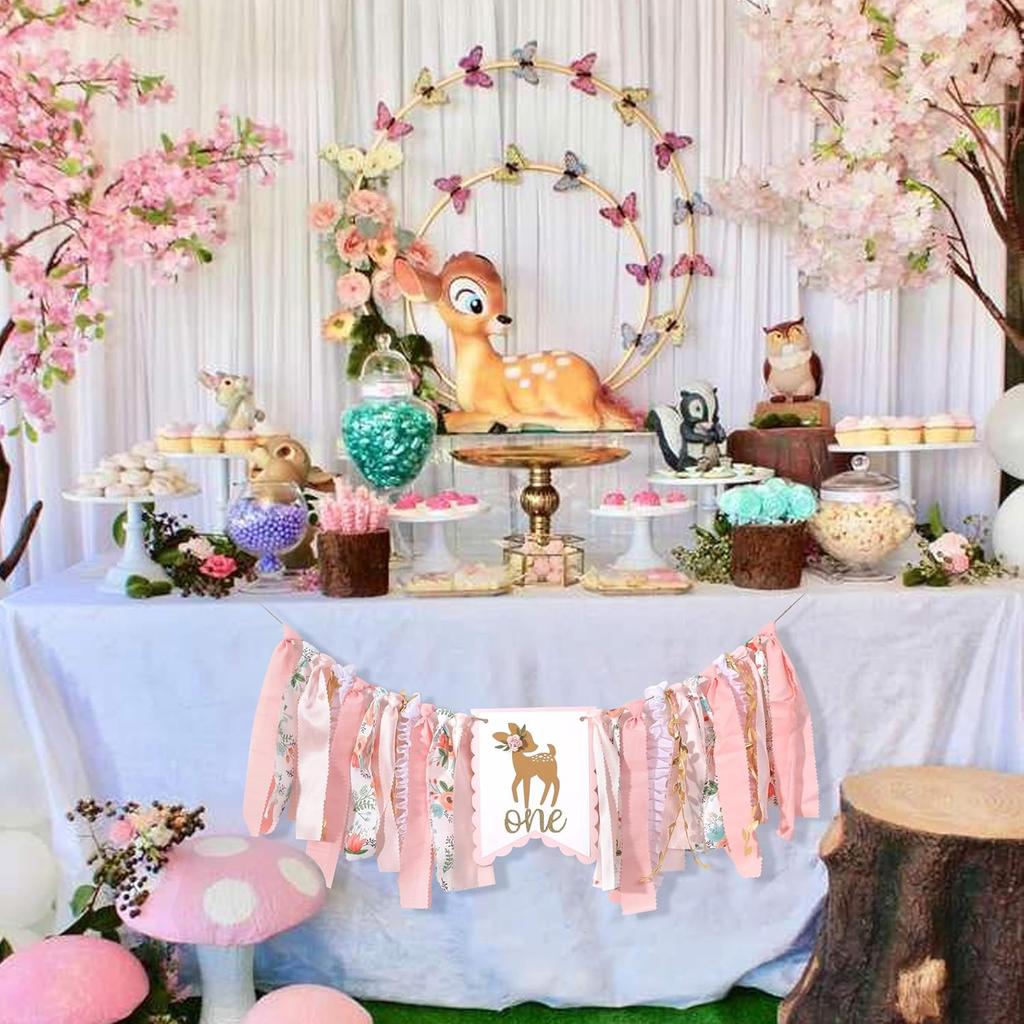 Deer Floral Girl High Chair Banner - Little Miss One-Deerful Highchair Banner, Woodland 1st Birthday Decoration for Girls, Deer Girl Floral 1st