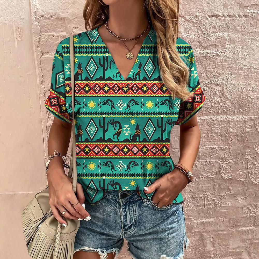 Tricou etnic de damă de vară cu decolteu în V Tricou cu mânecă scurtă Top lejer casual Tricou nou cu mânecă scurtă vintage pentru îmbrăcăminte pentru femei Cămașă