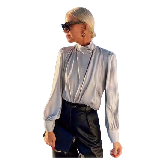 

Атласная женская рубашка с полувысоким воротником-фонариком и длинным рукавом, однотонная S серый