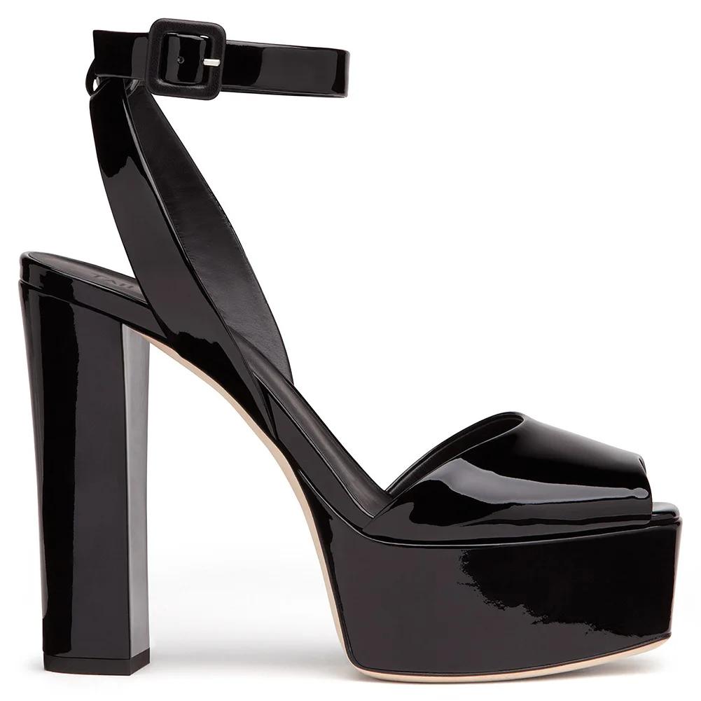 Fashion Peep Toe Platform Women Sandals Chunky Heel Patent Leather Large Size High Heels Summer Fashion Ankle Strap Shallow Sandals