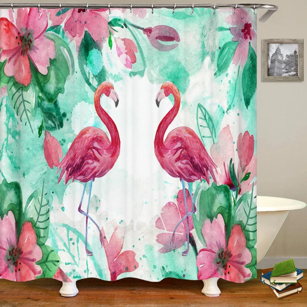 Flamingo Shower Curtain 3D Printing Plants Flowers Birds Waterproof Polyester Curtain Beach Shower Curtains Bathroom Home Decor
