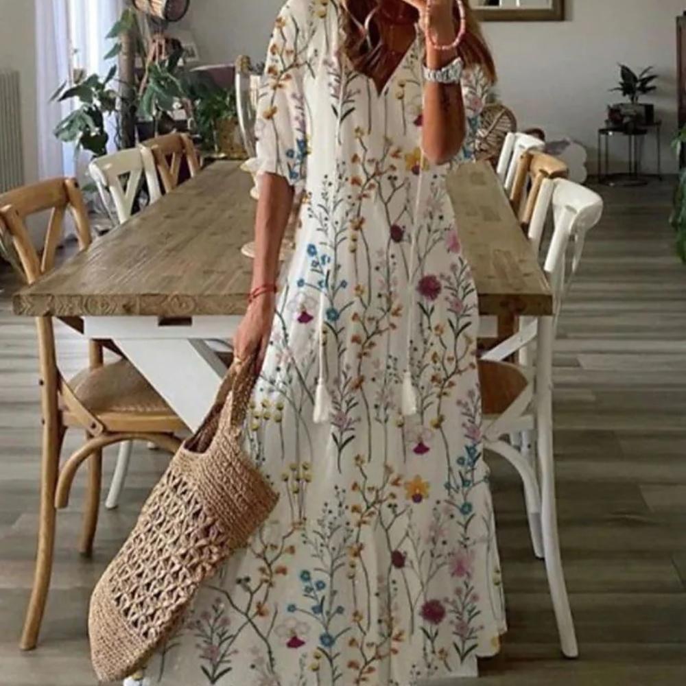 Summer Women V-neck Short Sleeved Long Dress Elegant Flower Printed Women's Loose Dress Bohemian Style Women's Clothing