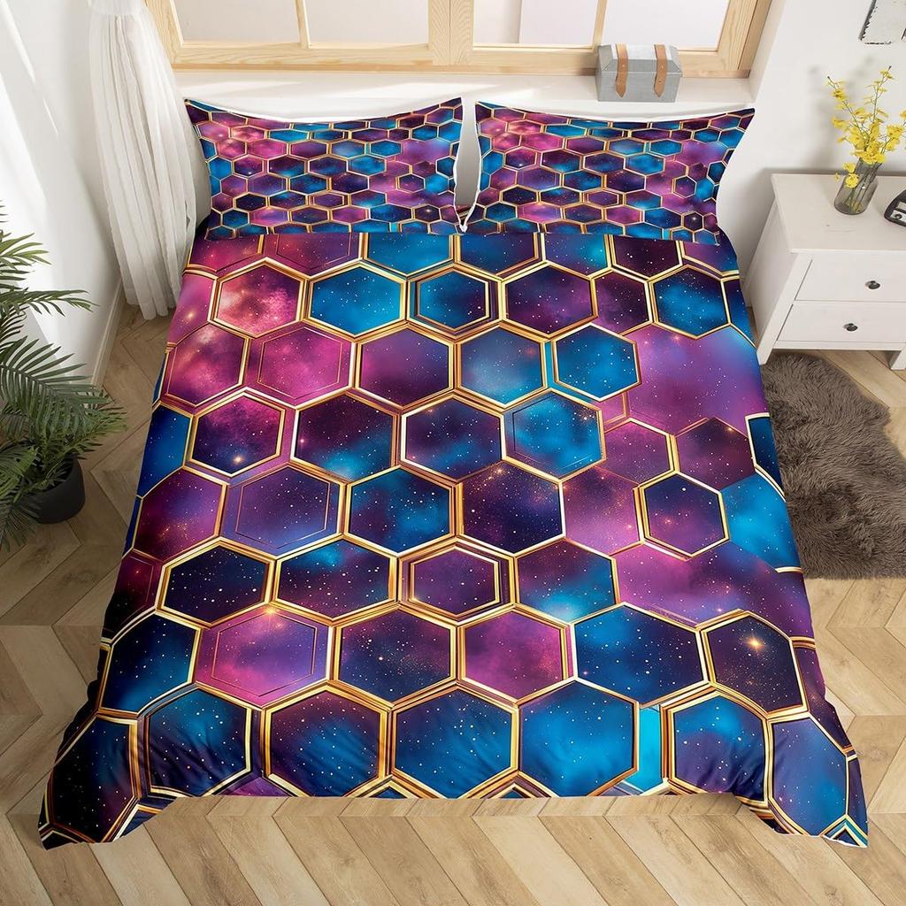 Honeycomb Duvet Cover Set Twin Queen Size, Geometric Hexagon Bedding Set For Boys Men Room Decor, Modern Style Comforter Cover
