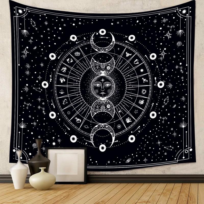 Boho Chic Wall Tapestry With Moon Phase Floral Starry Sky Design Bedroom Yoga Studio Decor