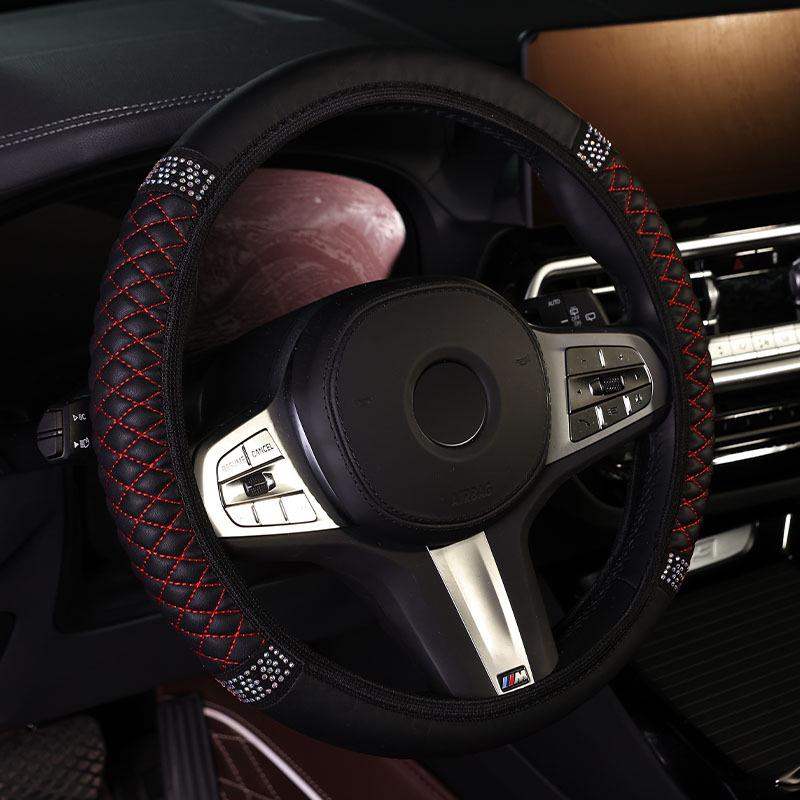 Universal Elastic Leather Steering Wheel Cover with 3D Diamond Embroidery