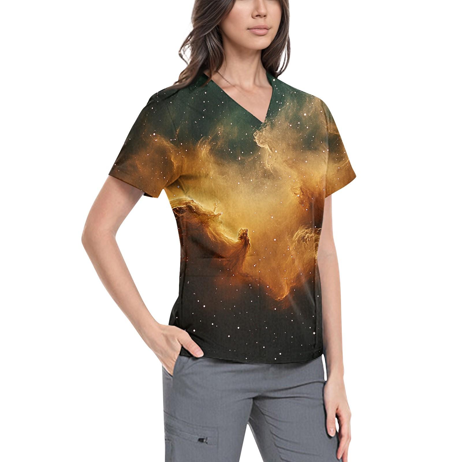 

Женская симпатичная принтованная рабочая одежда с V-образным вырезом, двухслойными карманами, базовым коротким рукавом, пуловером XL жёлтый