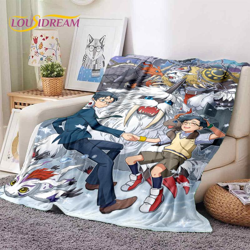 Retro Digimon Adventure Potwór Kreskówka Miękki Koc Flanelowy, Koc do Rzucania Wygodny Koc na Piknik Łóżka Kanapę Domowy Sypialnia