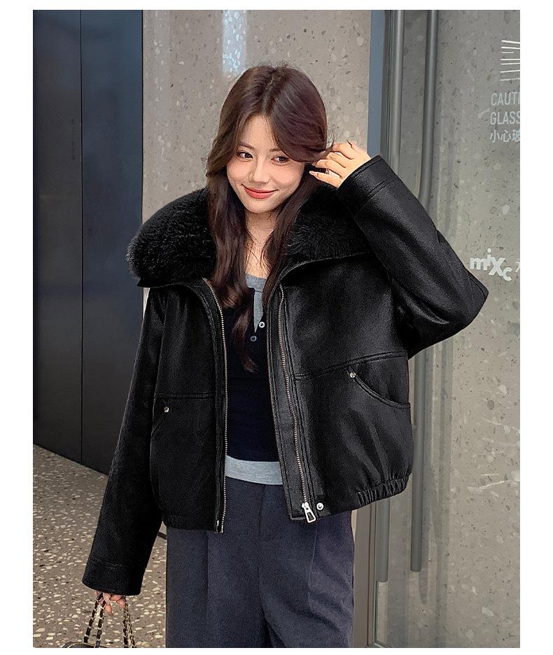 Women's Autumn Winter PU Leather Jacket, Quilted Lining Thickened Warm Cold-proof Detachable Big Faux Fur Collar Leather Coat