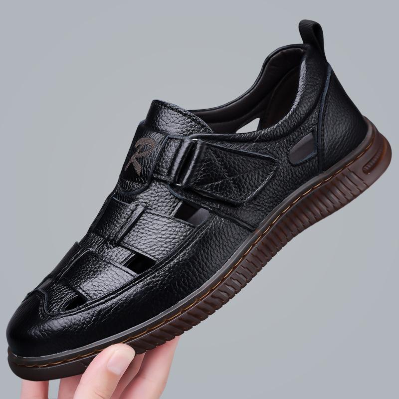 

Leather sandals bag first layer cowhide 2025 summer new breathable hollow hole shoes men s soft sole middle-aged dad shoes 38