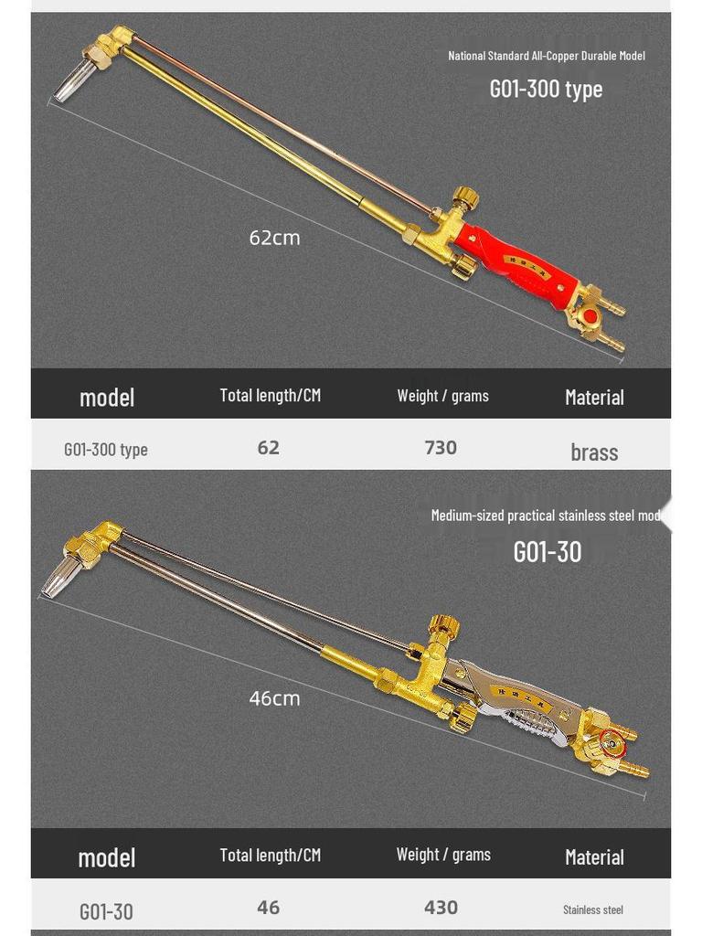 Industrial Grade Dual-Tube Cutting Torch G01-30/100/300 for Oxygen, Acetylene, or Propane Gas.