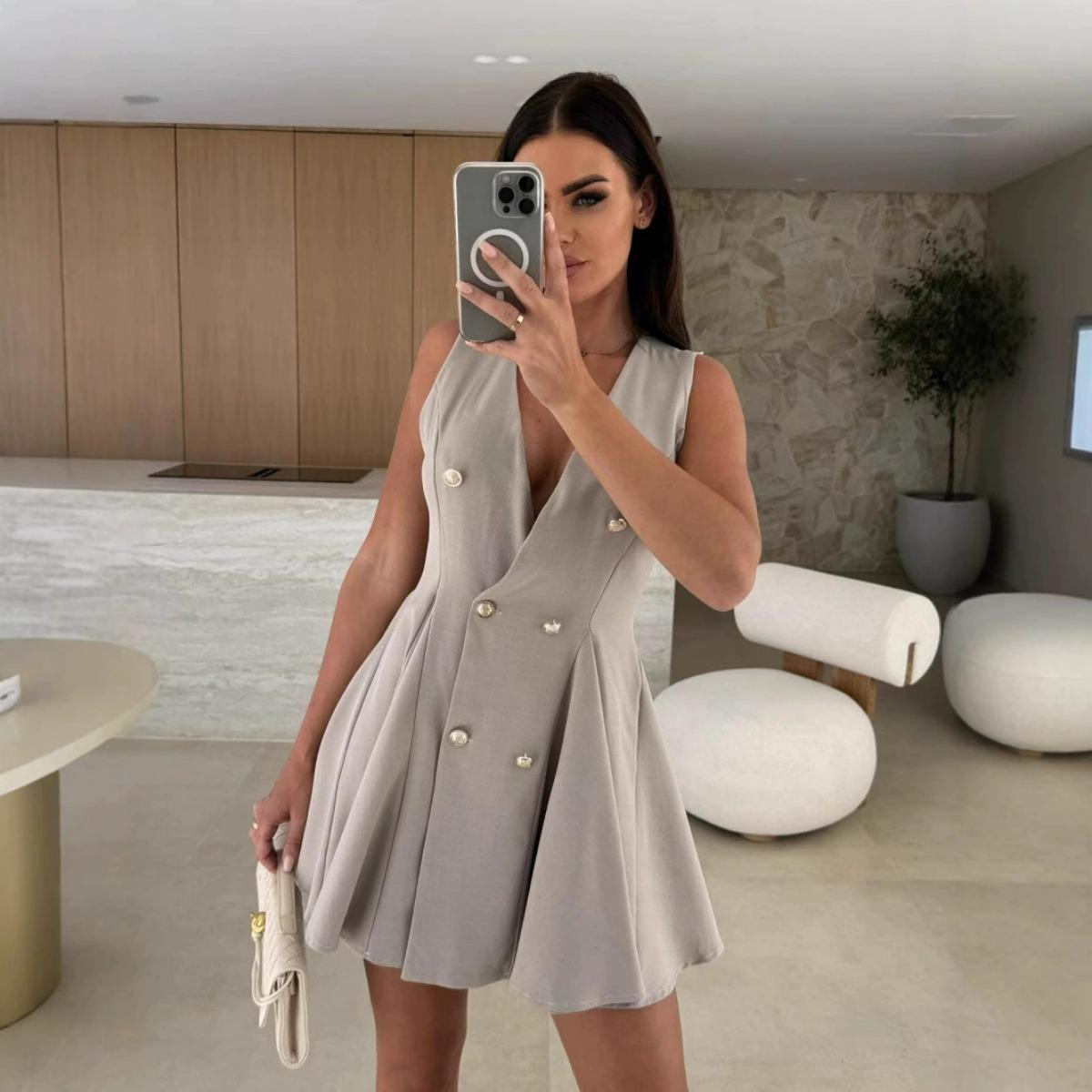 

Summer New Women s Sexy V-Neck Sleeveless High Waist Short Mini Dress, European American Style Casual Party Dress S