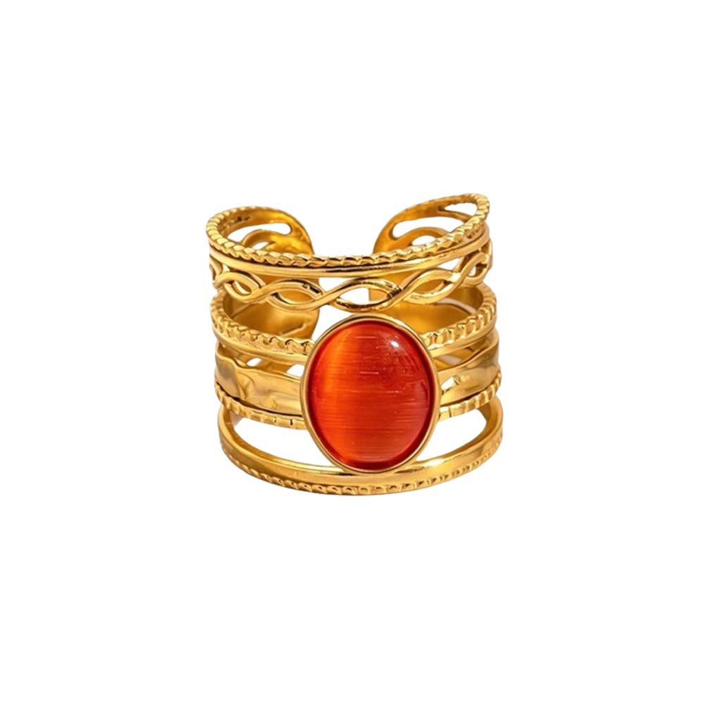 Stainless Steel Geometric Hollow Ring Hollow Pattern Colored Stone Ring Open Ring For Women