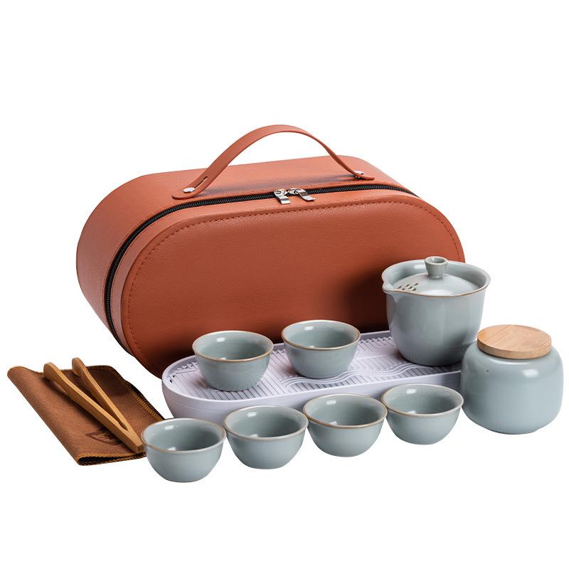 Celadon Ge Kiln Opening Film Can Raise Outdoor Portable Travel Tea Set, One Pot and Three Cups of Kuaike Tea Cup Gifts