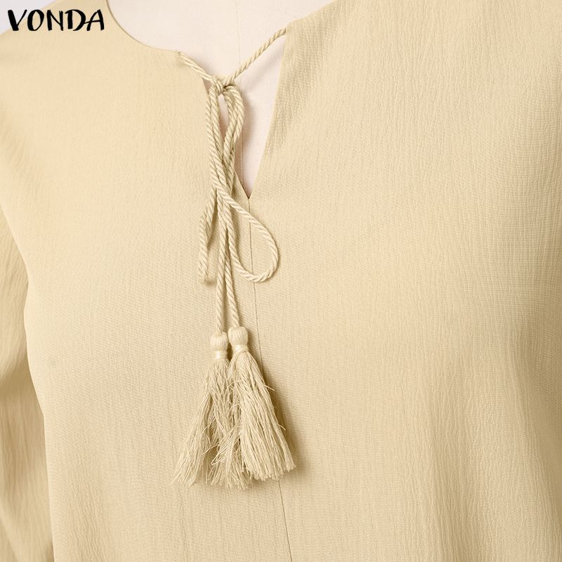 VONDA Women O Neck Half Sleeve Solid Color Casual Loose Baggy Maxi Dress Robes