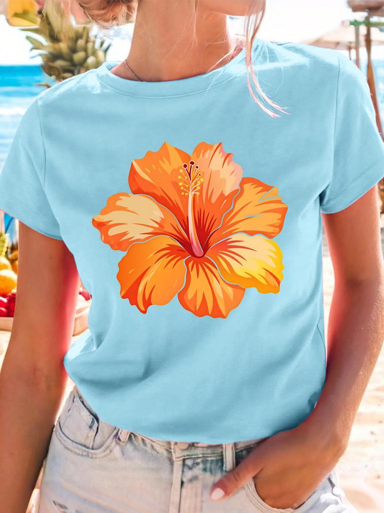 Vibrant Orange Hibiscus Flower Unisexs Crew Neck Short Sleeve T Shirt Tropical Summer Beach Graphic Tees For Ladies Daily Wear