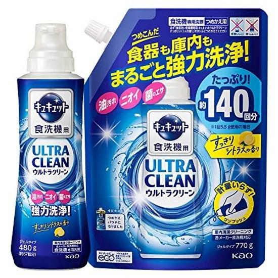 Kyu Tto Bulk Purchase Ultra Clean Dishwashing Detergent Dishwasher Powerful Cleaning Dishes Interior Fresh Citrus Scent Main Body 480g + Refill 770g