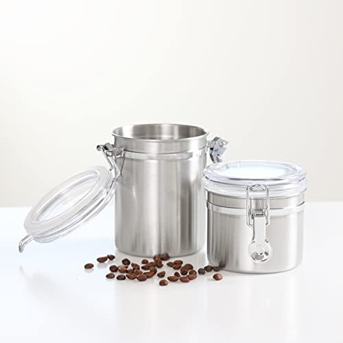 Pearl Metal 880ml 18-8 Stainless Steel Storage Canister with Locking Clear Lid for Coffee Beans, Satina Color, HB-6533