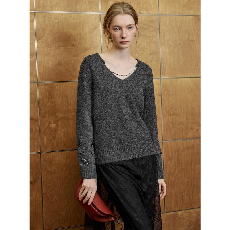 ELLE Grey Studded V-Neck Sweater