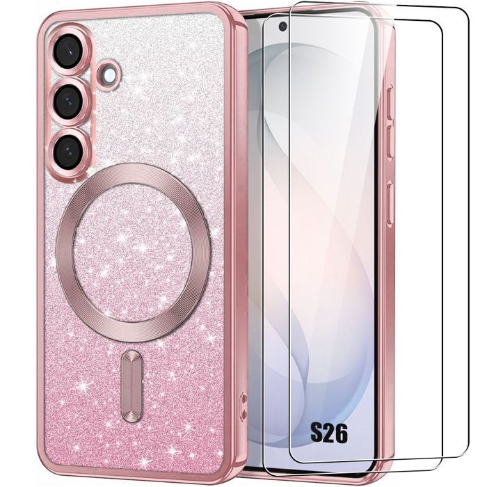 Coque pour Samsung Galaxy S26, Protection Silicone avec Cercle Magnétique - Rose - 2 Verres Trempés