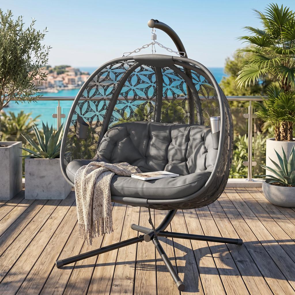Outdoor Double Hanging Chair with Cushion and Cup Holders, Charcoal Grey