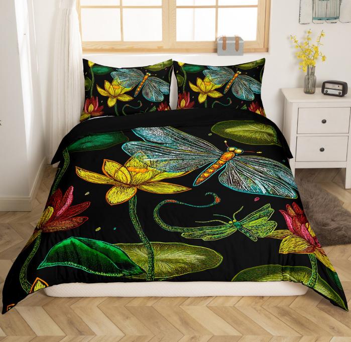 Dragonfly and Lotus Duvet Covers for Kids Teens Lightweight Quilt Covers Blossom Flowers Pond Natural Scenery Animal Bedding Set