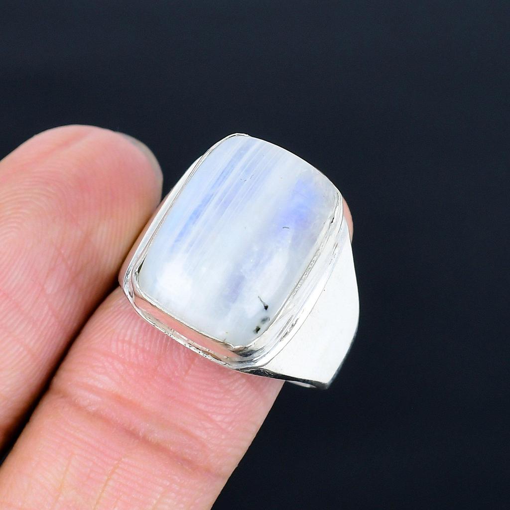 Rainbow Moonstone Silver Men's Ring | 925 Sterling Sliver | Cushion Shape Gemstone | Silver Jewelry | Silver Ring Gift for Him, Men's Ring
