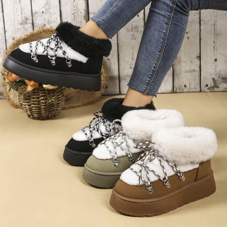 European and American Winter Lace-up Thick-soled Velvet Thickened Snow Boots for Women, Large Size Warm Towel, Short Boots, Cotton Shoes for Women