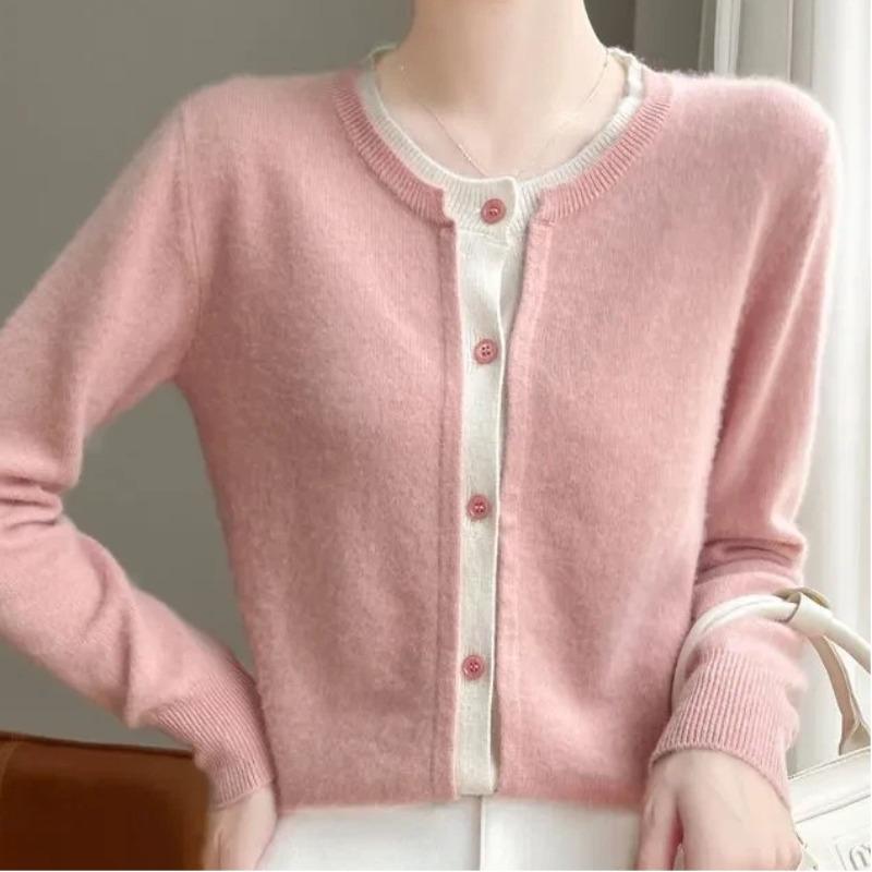Women's New Autumn Winter Fake Two Piece Wool Cardigan Color Block Crew Neck Loose Sweet Layering Sweater Coat