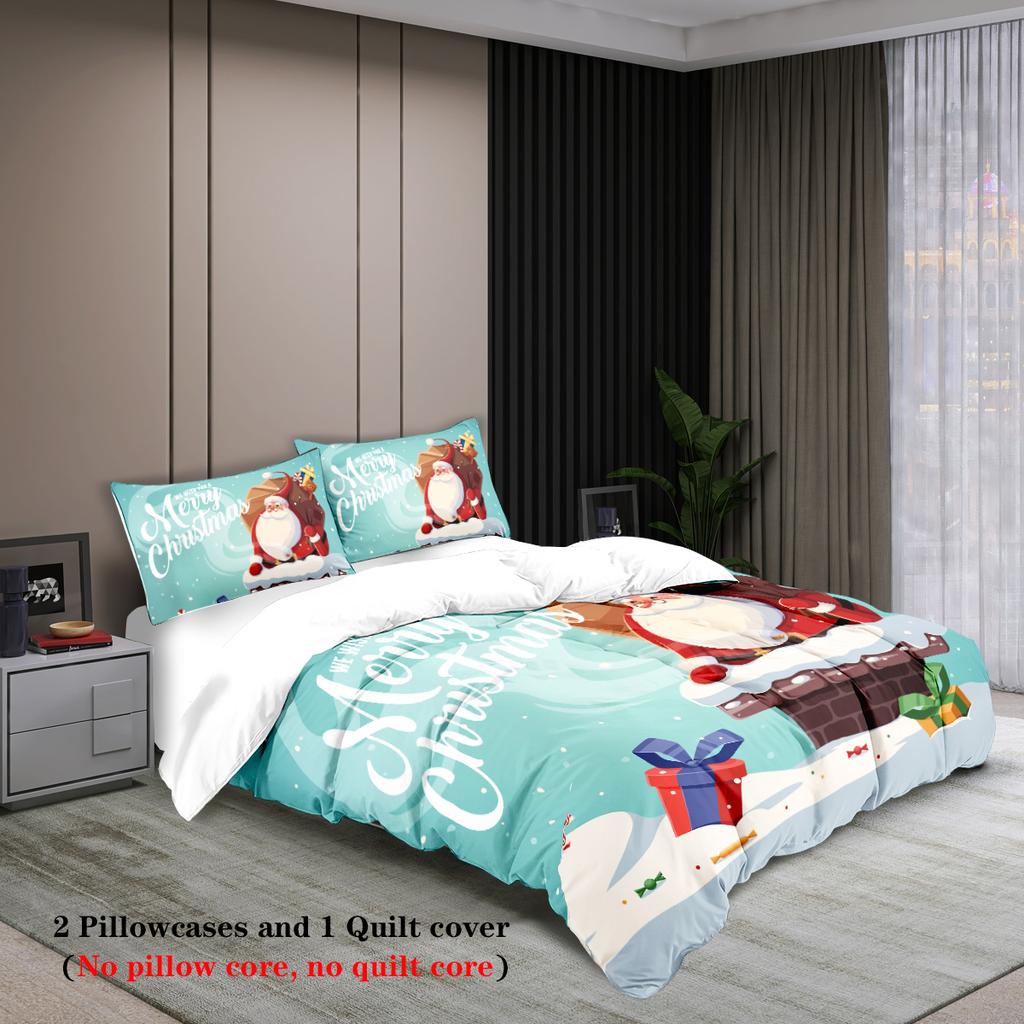 3-piece Christmas themed Santa Claus snowman print (1 duvet cover+2 pillowcases, no core) soft bedding set