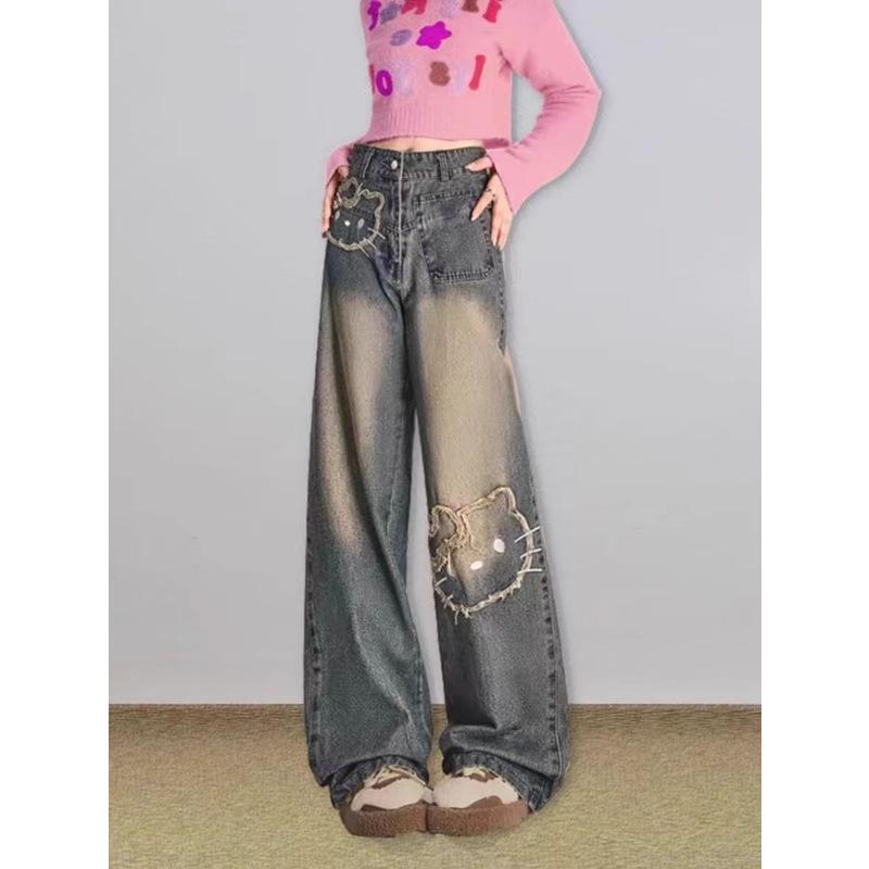 Women's High Waist Wide Leg Jeans Loose Fit Casual Kitty Embroidery Straight Leg Jeans