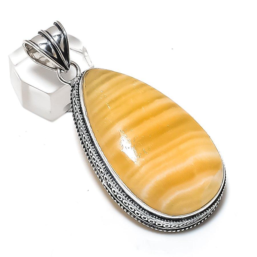 Yellow Calcite Gemstone 925 Sterling Silver Jewelry Pendant 2.56"