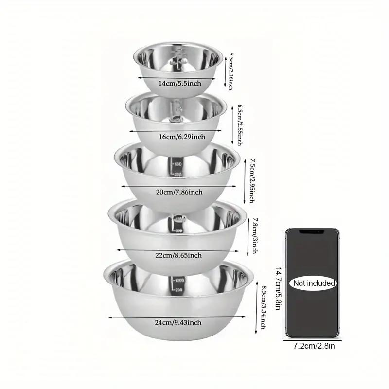 

Миска для смешивания из нержавеющей стали, идеально подходит для приготовления пищи, миска для стирки, миска для фруктов, миска для лапши, кухонные принадлежности, инструменты для выпечки 5pcs серебряный