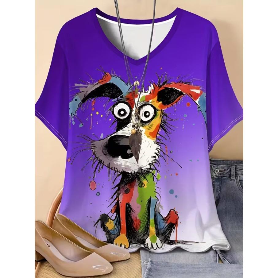 XL-7XL Plus Size Women's Men Animal Dog Casual 3D Print Loose V Neck Short Sleeved T-shirt Top