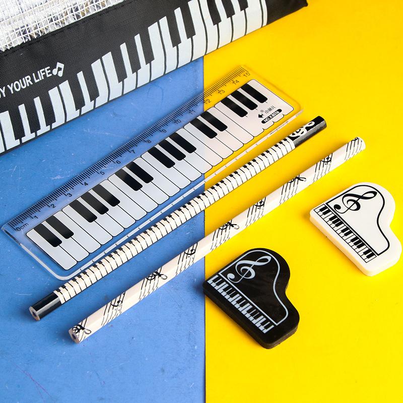 6-piece Set Music Theme Piano Stationery Elementary School Student Award Gift Ruler Pencil Eraser Pencil Bag Art School Supplies