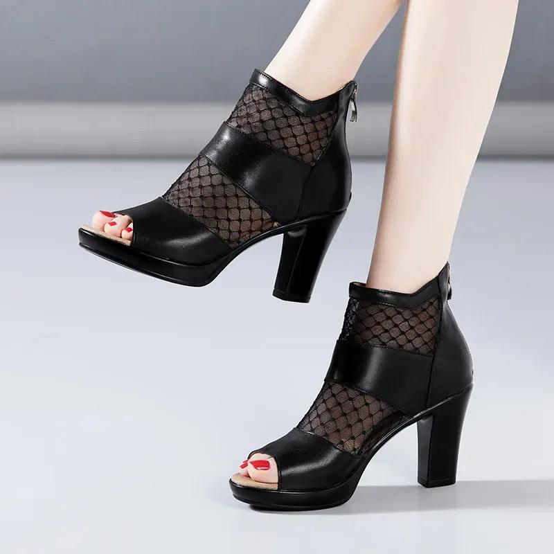 8cm 10cm Small Size 32-43 Mesh Leather Shoes Platform Sandals 2025 Summer Block High Heels Gladiator Sandals Office Model