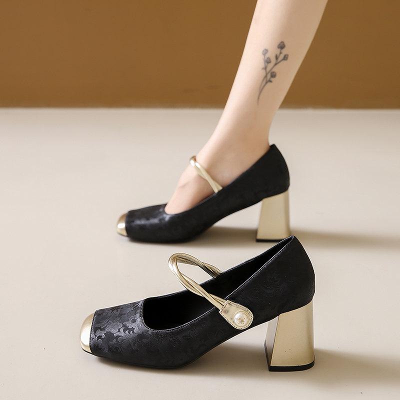 Mode Élégant Escarpins à bout carré Femme Chaussures Mary Jane Design Imprimé Mode Française Talons hauts peu profonds Talons carrés Femme Chaussures de ville