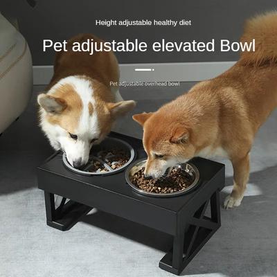 Stainless Steel Pet Bowl Double Basin Dog and Cat Bowl Adjustable Height Slow Feeding Water Bowl 2 In 1