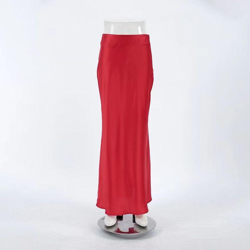

Fashion Style New Arrival Fashion Red High-Waist Satin Fishtail Skirt High Waisted Satin Skirt Red L