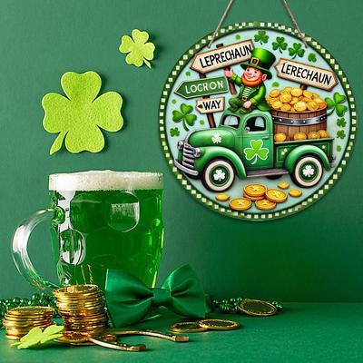 Appartement 2D St. Décoration de fête en bois pour la Saint-Patrick, 20 cm x 20 cm, trèfle vert nain, décoration de porte ronde