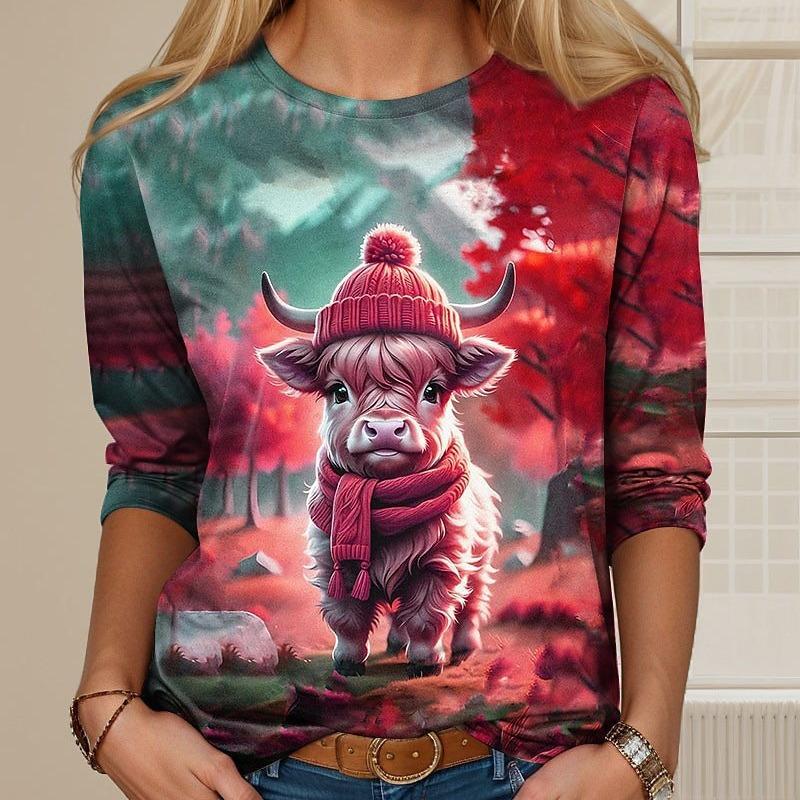 Spring and Autumn Round Neck Animal Highland Cow Graphic 3D Printed Top Fashionable Casual Long Sleeved Women's T-shirts
