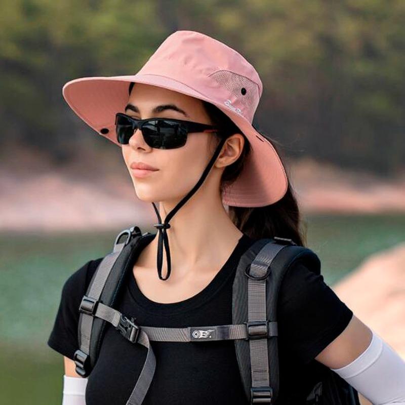 Summer Quick-drying Anti-UV Sun Hats Wide Brim Sunscreen Bucket Hats Panama Cap Breathable Mesh Drawstring Adjustable Hiking Hat