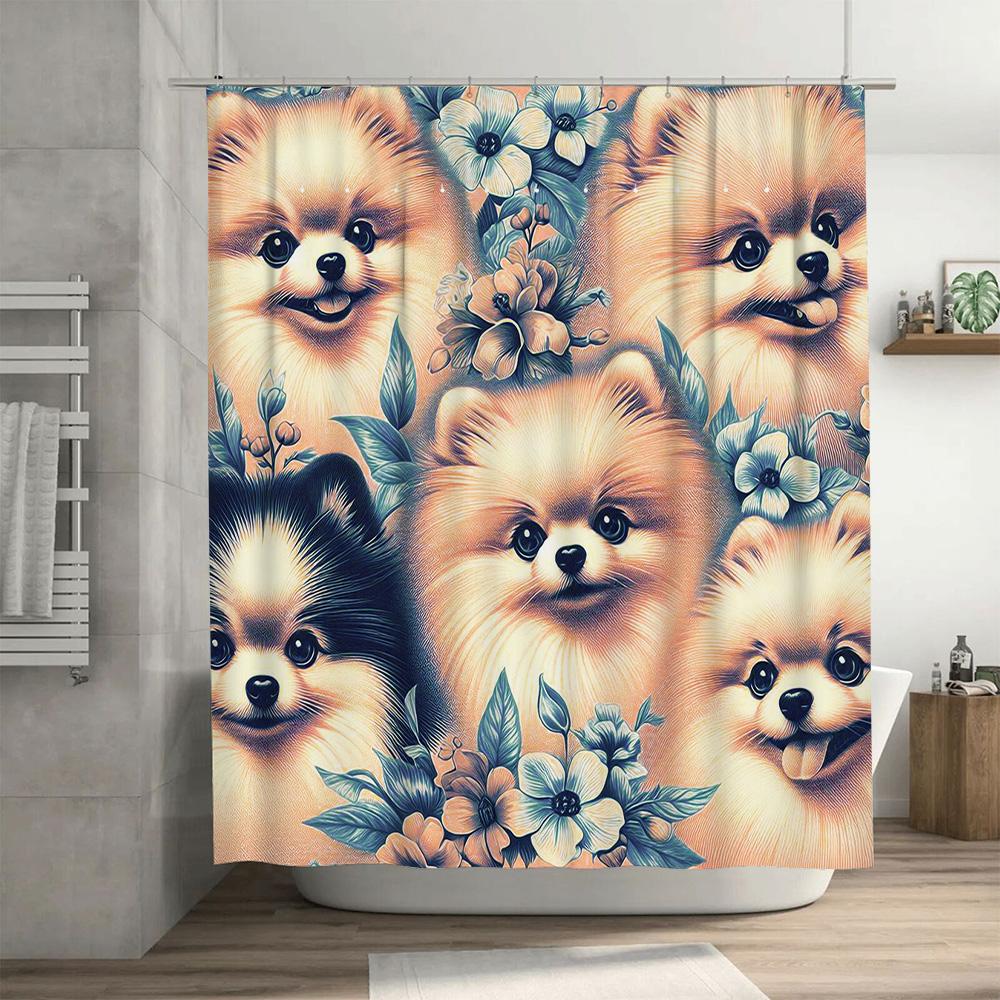 Pomeranian Pattern Waterproof Shower Curtain - Creative Pet Shower Curtain Bathroom Divider Cute Dog Design Waterproof