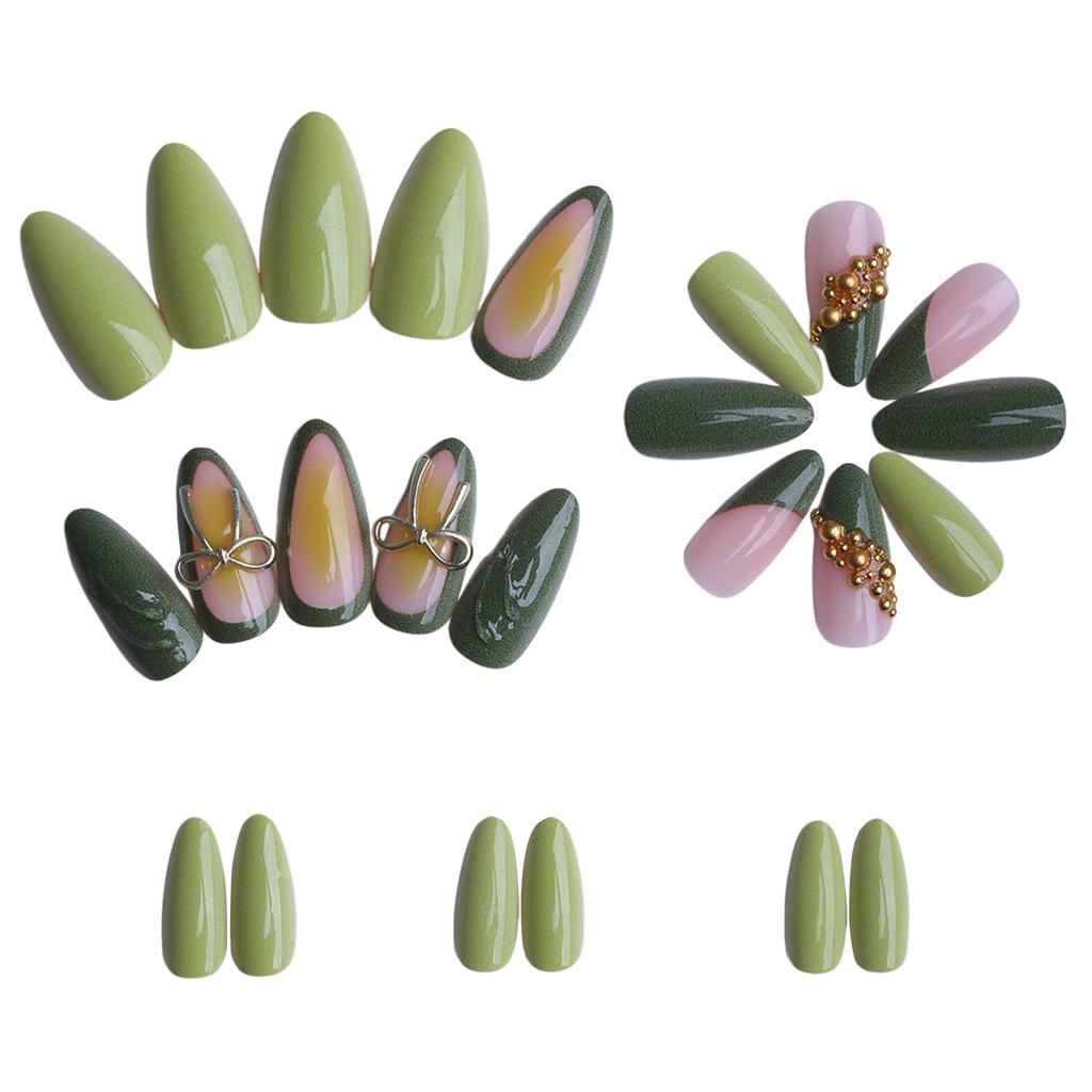 Almond Shape Faux Nails 24 Pcs Retro Green Velvet Press On Nails With Gold Bow Decor For Women Daily Party Wear